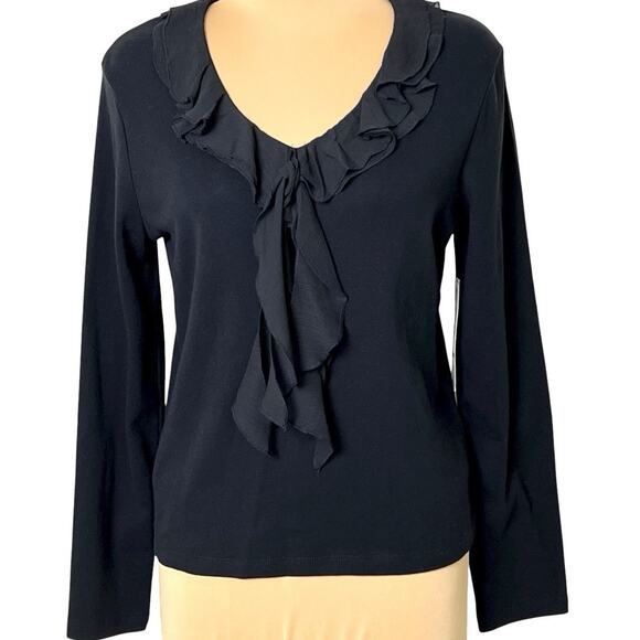 Jones New York Signature Top Womens Petite Large Ruffle Neck Cotton Knit Black - Picture 1 of 6